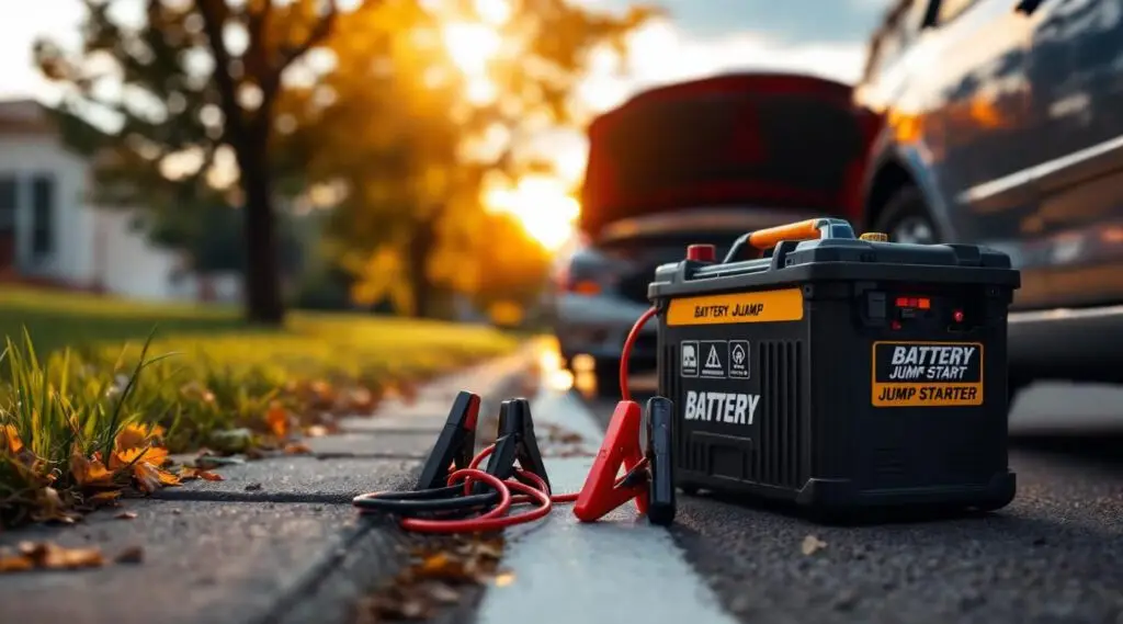 A Snappy Towing technician using a professional booster pack to jump start a car in Folsom.