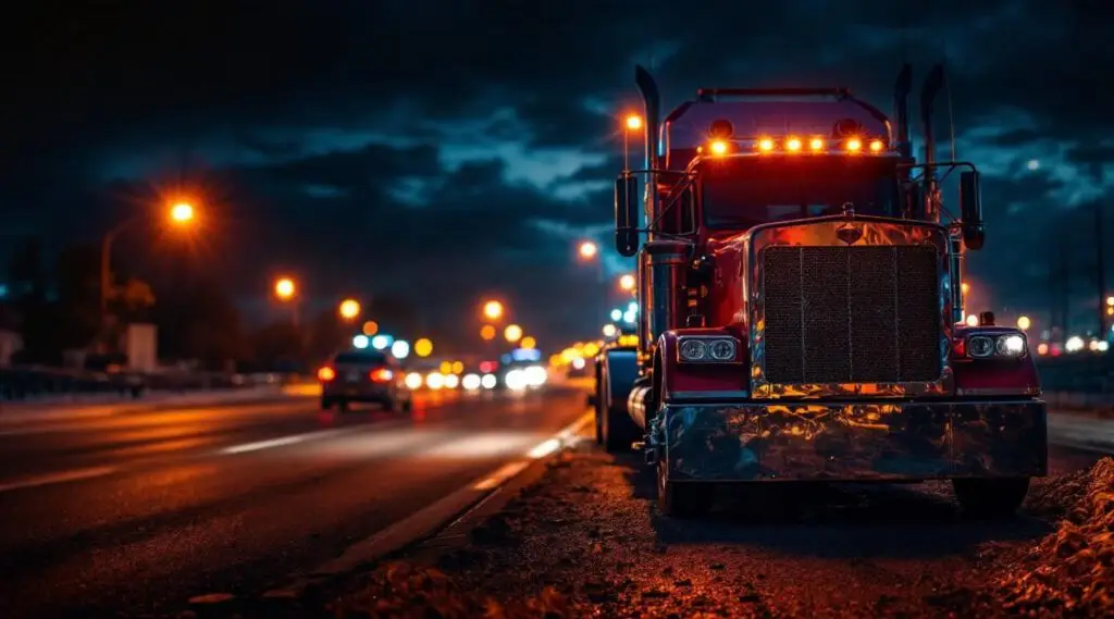 A Snappy Towing flatbed truck with amber safety lights assisting a disabled vehicle on the Lynnway at night in Folsom.