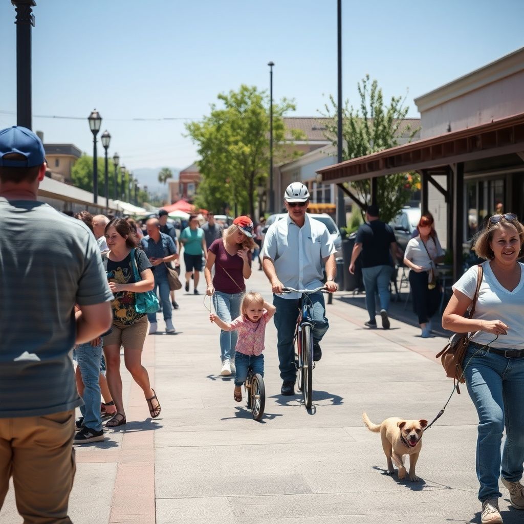 A sunny street scene in a modern Rancho Cordova neighborhood, with well-maintained homes and mature trees, reflecting the city's suburban character.