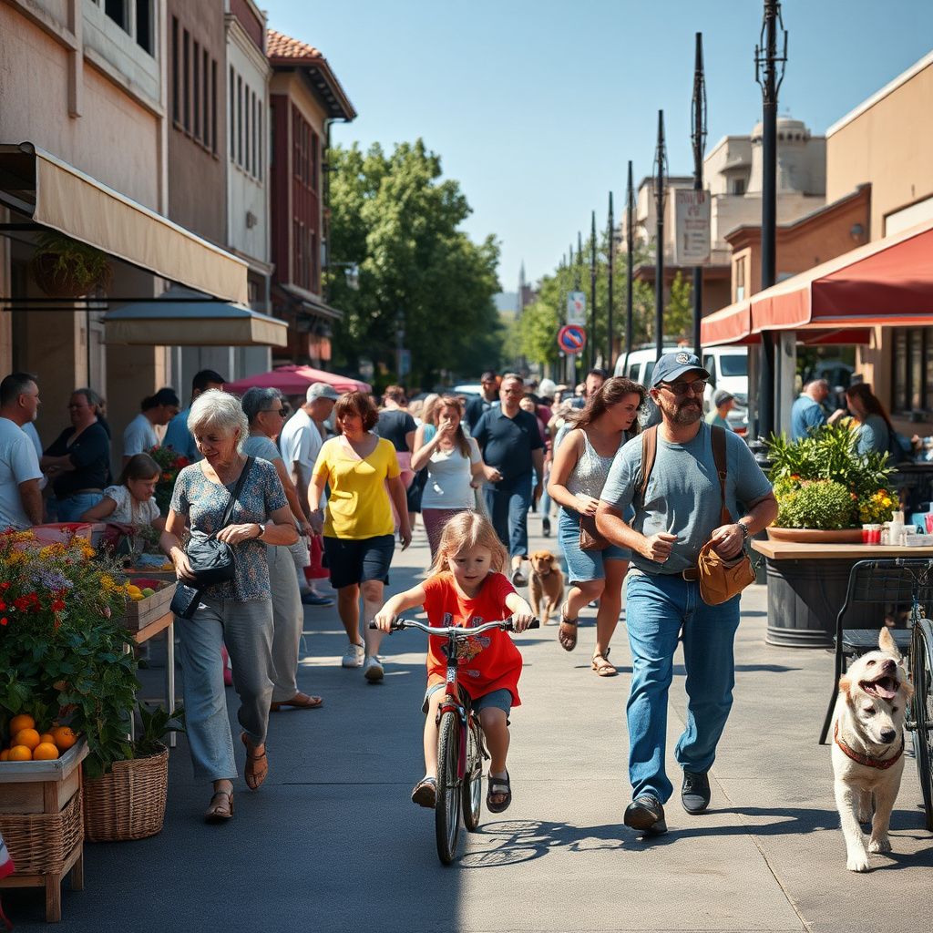 Historic downtown Galt, California, street scene with early 20th-century buildings and a few pedestrians, reflecting its agricultural town heritage.
