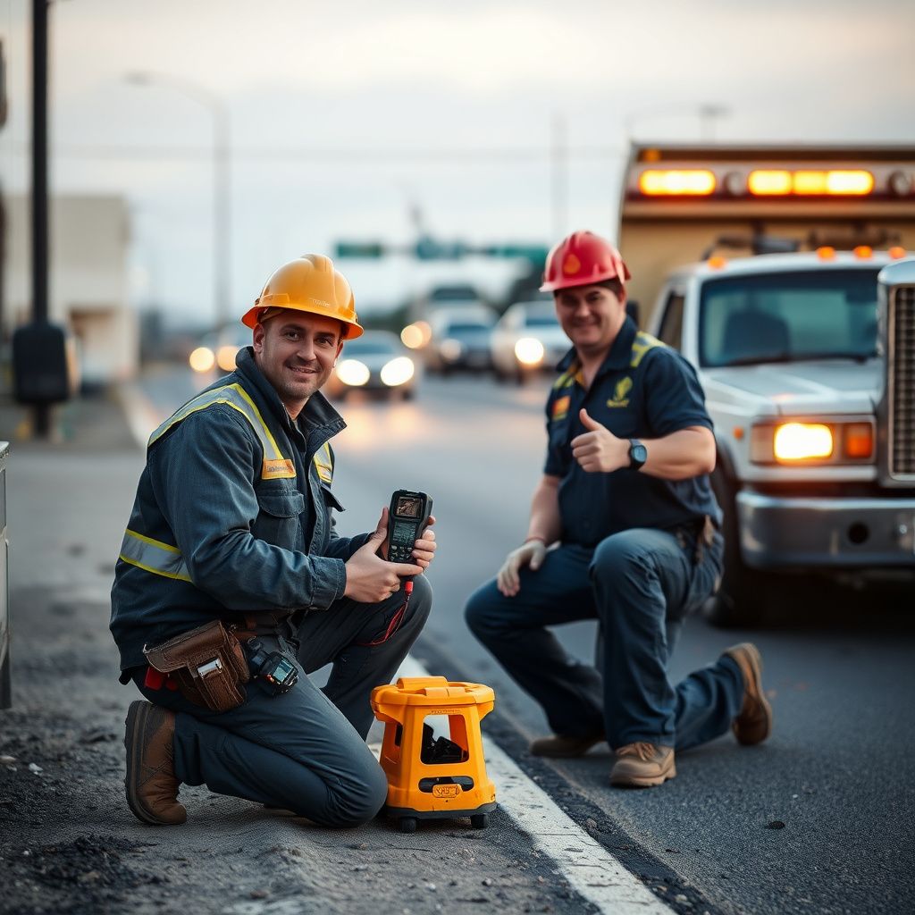 A Snappy Towing professional smiling while securing a vehicle onto a tow truck, with Woodland's historic downtown buildings visible in the background.