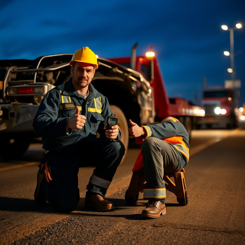 A professional tow truck operator smiling while standing next to a modern tow truck in Roseville.