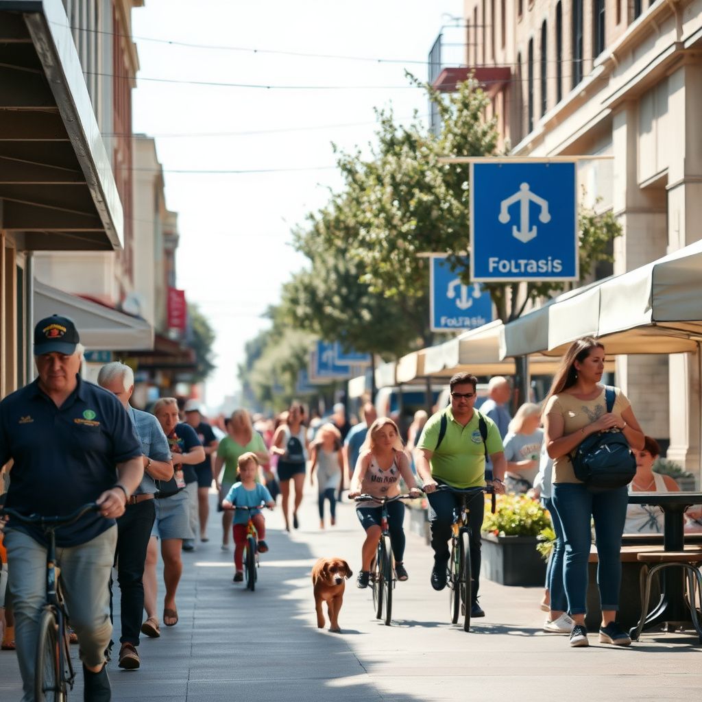 Historic Folsom district street scene with brick buildings, mature trees, and people strolling on a sunny afternoon, evoking the city's rich past.