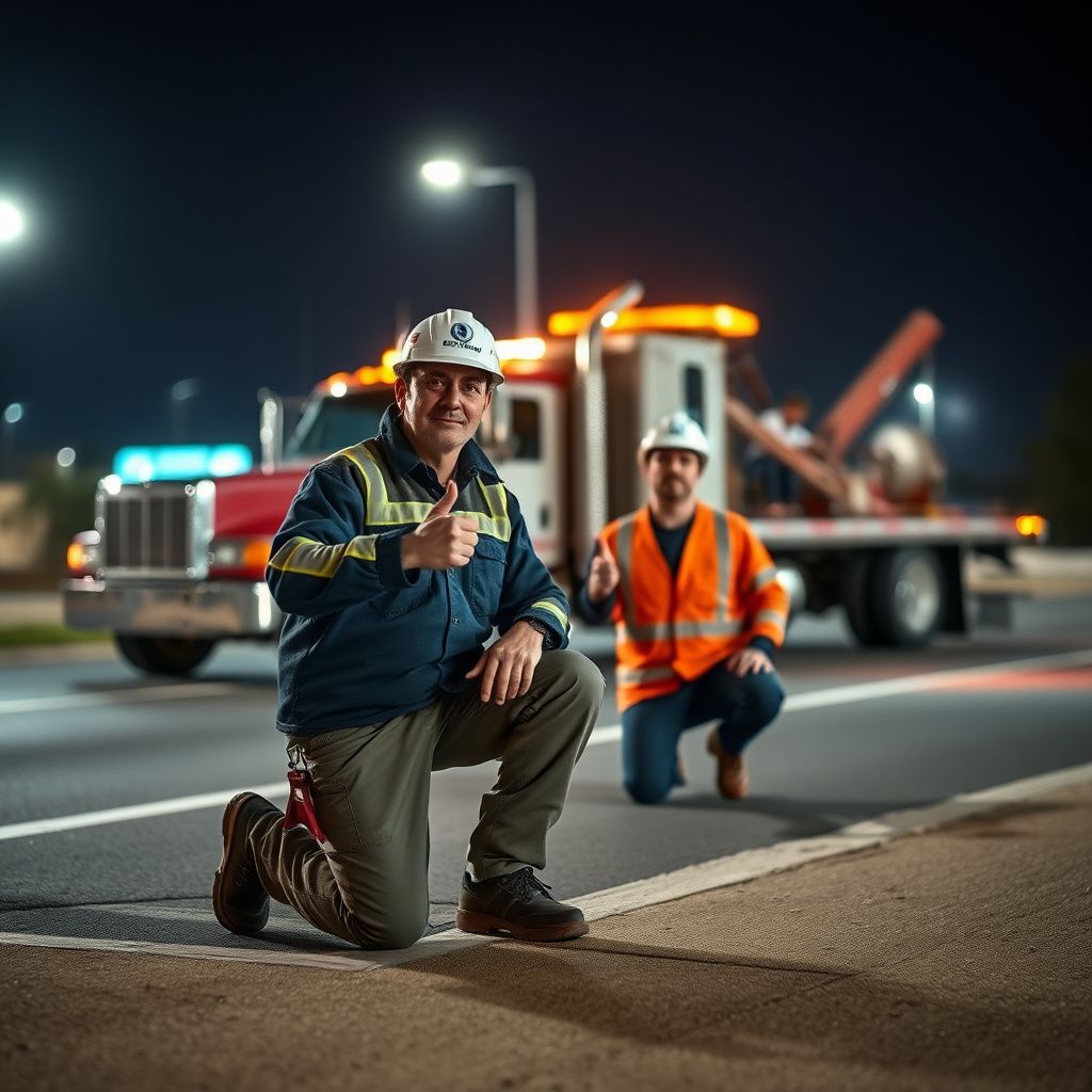 A Snappy Towing team member in uniform, giving a reassuring thumbs up next to a modern tow truck parked on a Rocklin street, with a clear sky and local architecture in the background.